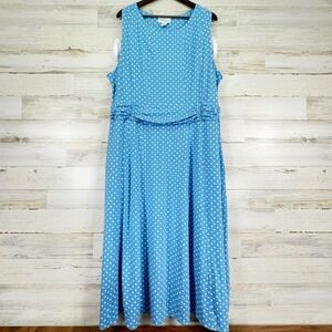 The Vermont Country Store Dress 2X Blue White Polka Dot Sleeveless Stretchy Maxi